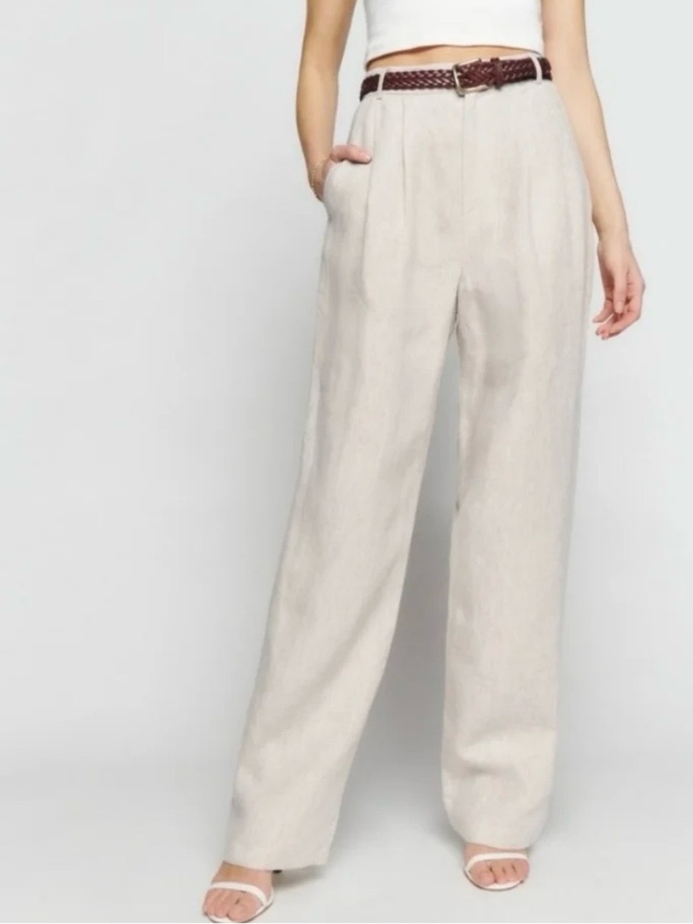 Reformation Mason Linen Pants Oatmeal Beige High Waisted Wide Leg Pleated Size 6